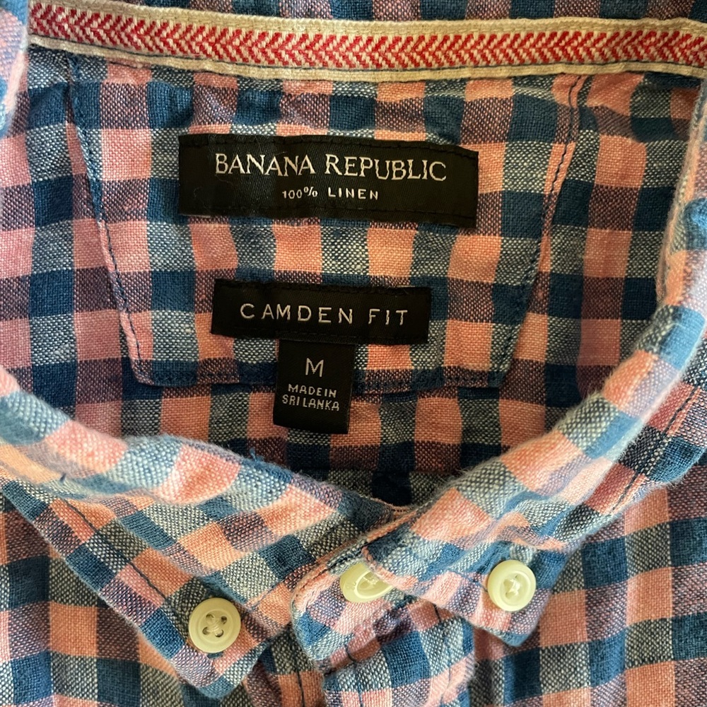 Mens M Banana Republic Camden fit 100% linen short sleeve plaid shirt Blue/Pink